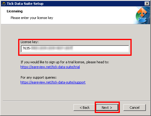 Enter your License Key for Tick Data Suite 2
